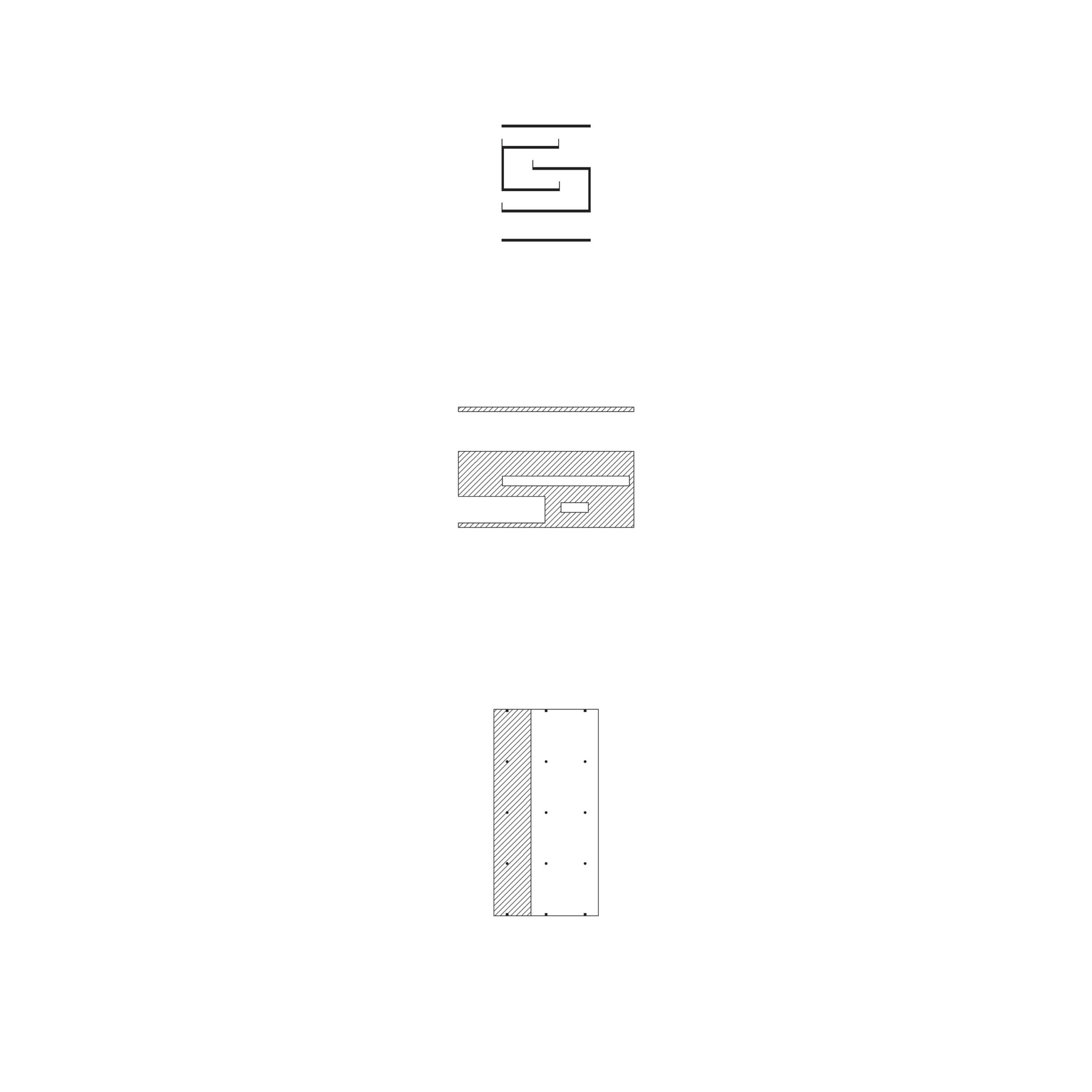 Villa Baizeau, first proposal. From top to bottom: section, facade, plan